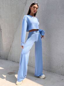 SHEIN Unity Stitching Trim Drop Shoulder Crop Pullover & Pants - Blue - View 3