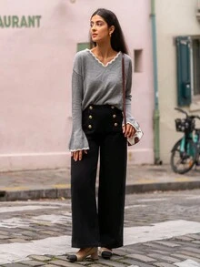 SHEIN Frenchy 拼接邊落肩袖套頭毛衣 - 灰色 - 查看 4