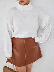 SHEIN Unity Plus Fringe Trim Turtleneck Drop Shoulder Sweater Knit Pullover Fall Winter Outfit