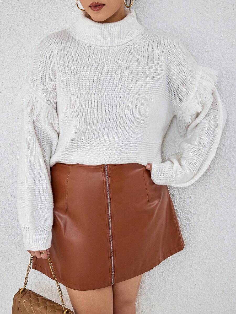 SHEIN Unity Plus Fringe Trim Turtleneck Drop Shoulder Sweater Knit Pullover Fall Winter Outfit