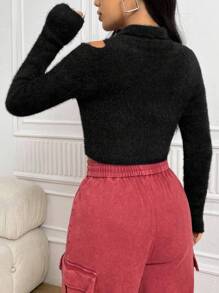 SHEIN Unity Cắt bỏ vai Cà vạt Viền không đối xứng Đan mềm mại Áo len Mở - màu đen - Xem 3