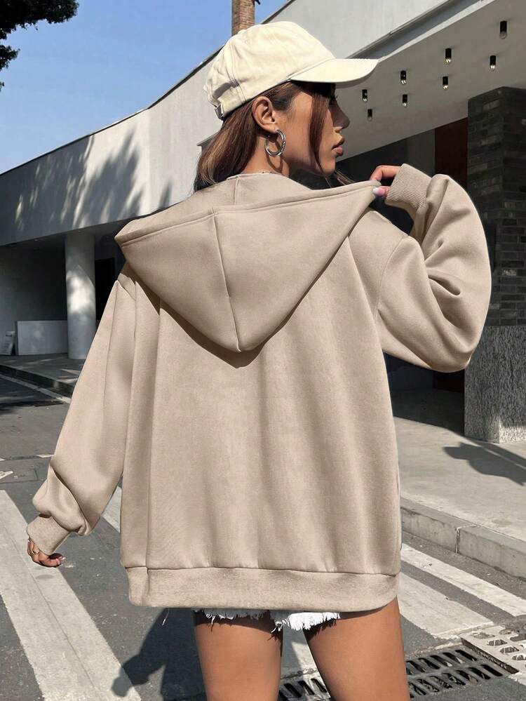 Letter Graphic Zip Up Drop Shoulder Hoodie