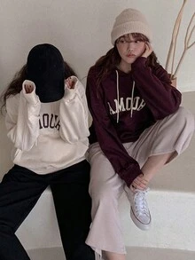 DAZY Letter Graphic Drop Shoulder Drawstring Hoodie - Burgundy - View 7