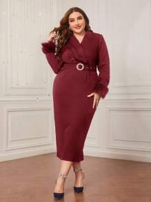 Modelyn 勃艮第红色加大码毛绒袖口翻领系带连衣裙长款晚礼服 - 酒紅色 - 查看 1