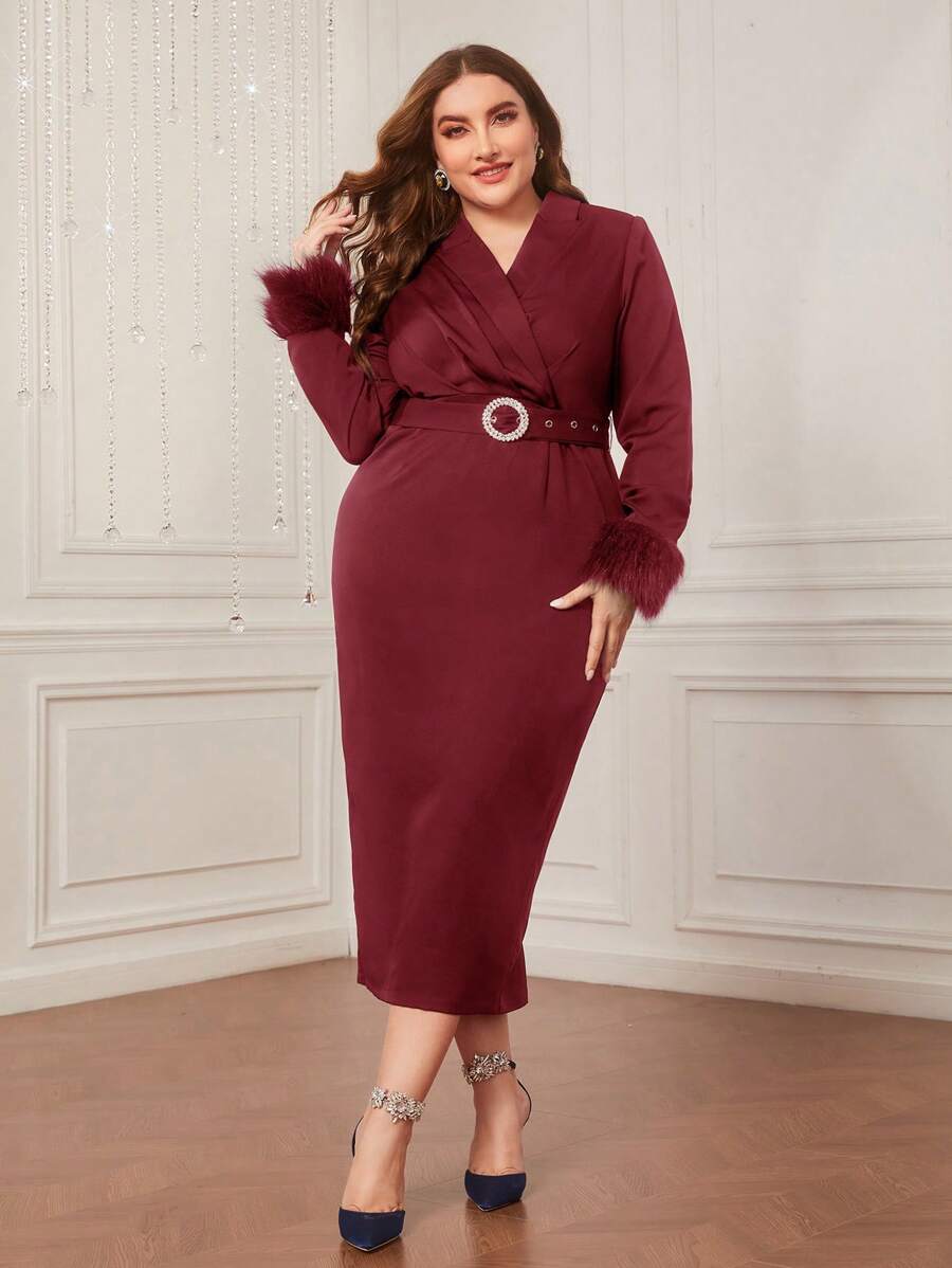 Modelyn 勃艮第红色加大码毛绒袖口翻领系带连衣裙长款晚礼服 - 酒紅色 - 查看 1