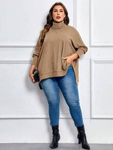 SHEIN LUNE Plus Turtleneck Batwing Sleeve Sweatshirt - Camel - View 7