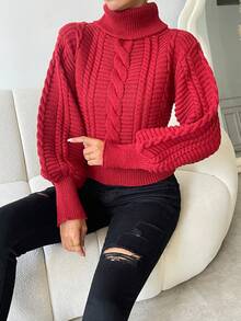SHEIN Essnce Turtleneck Cable Knit Lantern Sleeve Sweater - Burgundy - View 5