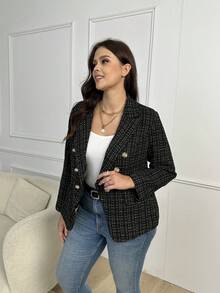 SHEIN LUNE 大尺碼女裝格紋雙排扣西裝外套 - 黑色 - 查看 4