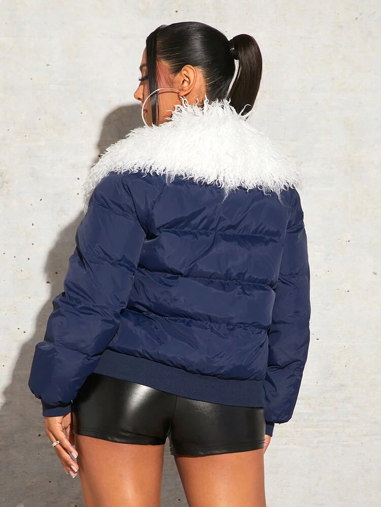 Fuzzy Trim Open Front PU Leather Coat Winter Women New Years Eve Sexy