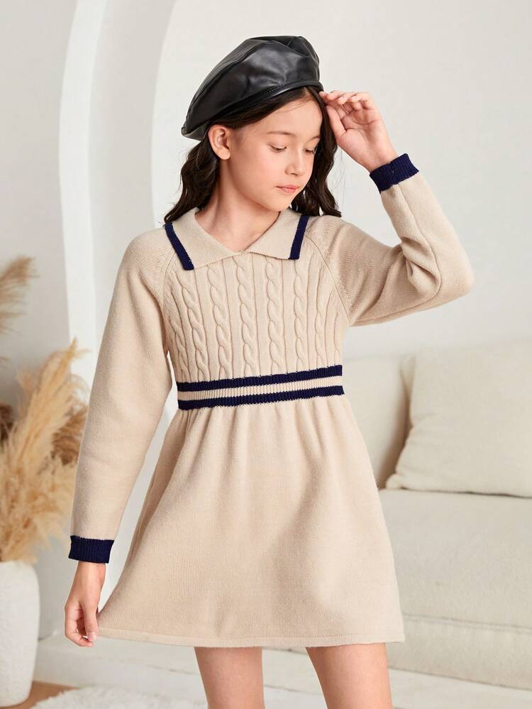 Tween Girl Striped Trim Cable Knit Sweater Dress