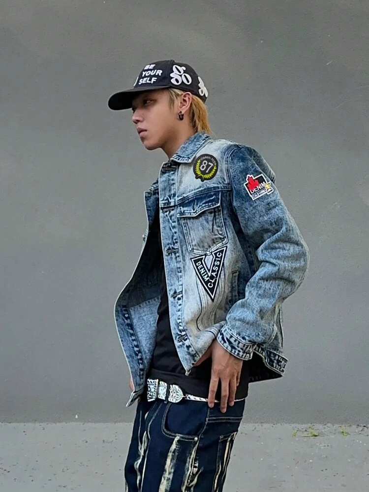 Men Letter Patched Detail Flap Pocket Denim Jacket