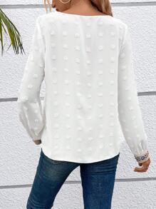 Chiquease Swiss Dot Contrast Tape Cut Out Lantern Sleeve Blouse - White - View 2