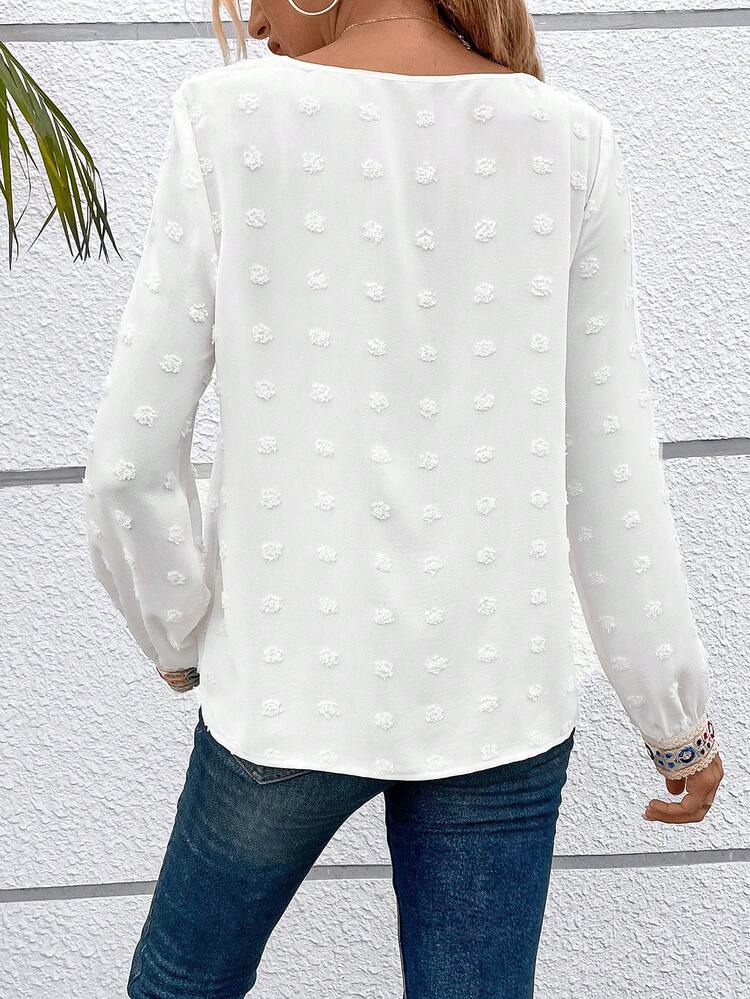 Swiss Dot Contrast Tape Cut Out Lantern Sleeve Blouse
