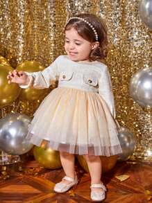 SHEIN Đứa bé gái Chi tiết về Flap Lưới Hem Đầm - Màu be - Xem 6