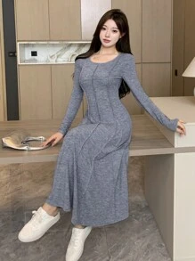 DAZY 素色接縫細節A字洋裝 - 藍色 - 查看 5