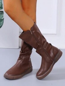 Women's Mid-calf Brown Ruched Flat Boots - Brown - View 4