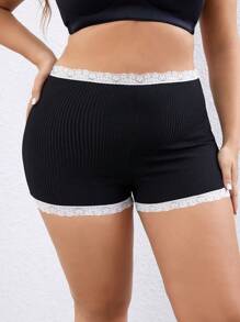 Plus Contrast Lace Trim Ribbed Knit Shortie - Black - View 4