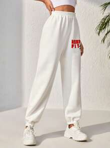 Streetz SHEIN Sport 字母圖案彈性腰帶運動褲 - 米色 - 查看 3