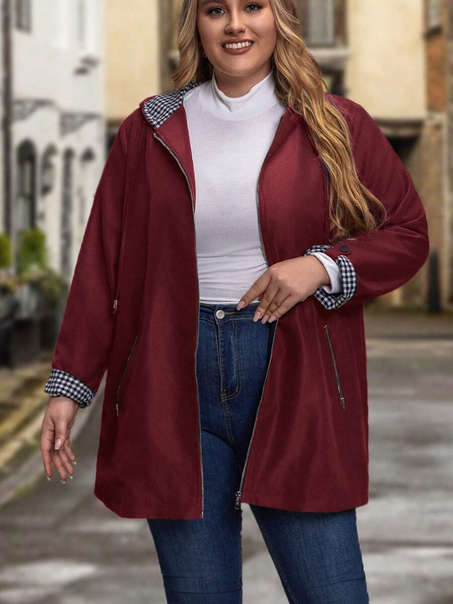 EMERY ROSE Hơn In Houndstooth Dây kéo Áo trùm đầu - Màu Đỏ Sâu - Xem 1