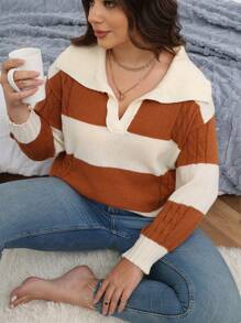 SHEIN CURVE+ Plus Two Tone Cable Knit Drop Shoulder Sweater Knit Pullover Fall Winter Outfit