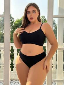 Plus Solid Lingerie Set - Black - View 3