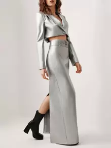 Mathilde Lhomme Designer Solid PU Leather Belted Maxi Elegant Skirt, For Summer, Holiday, Party, New Year Eve, Festival - Silver - View 2