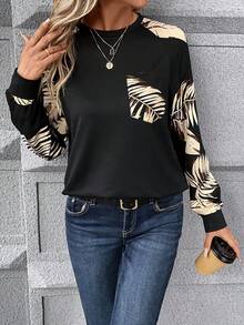 SHEIN Frenchy 熱帶圖案插肩袖補丁貼口袋運動衫 - 黑色 - 查看 5
