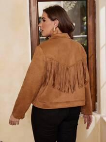SHEIN VCAY Plus Fringe Trim Lapel Neck Suedette Jacket - Brown - View 2
