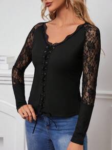 SHEIN Unity 蕾絲拼接前繫帶蕾絲袖上衣 - 黑色 - 查看 5
