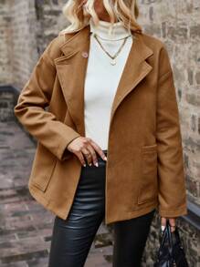 SHEIN LUNE 雙口袋落肩袖花呢外套 - 卡其色 - 查看 5