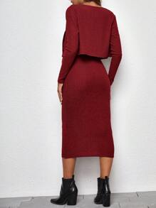 SHEIN 孕婦羅紋針織吊帶緊身洋裝帶夾克 - 酒紅色 - 查看 2