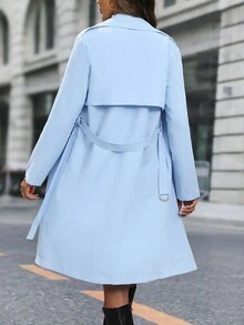 SHEIN Frenchy Cổ áo thác nước Thắt lưng Áo khoác Trench - Màu xanh nhạt - Xem 2