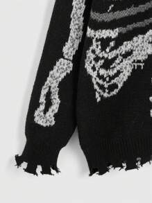 ROMWE Grunge Punk Skeleton Pattern Ripped Trim Sweater - Black and White - View 4