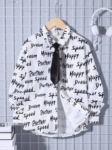 SHEIN Tween Boy Allover Letter Graphic Shirt With Tie - White - View 5