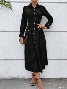 Chiquease 條紋印花翻蓋細節襯衫洋裝 - 黑色 - 查看 4