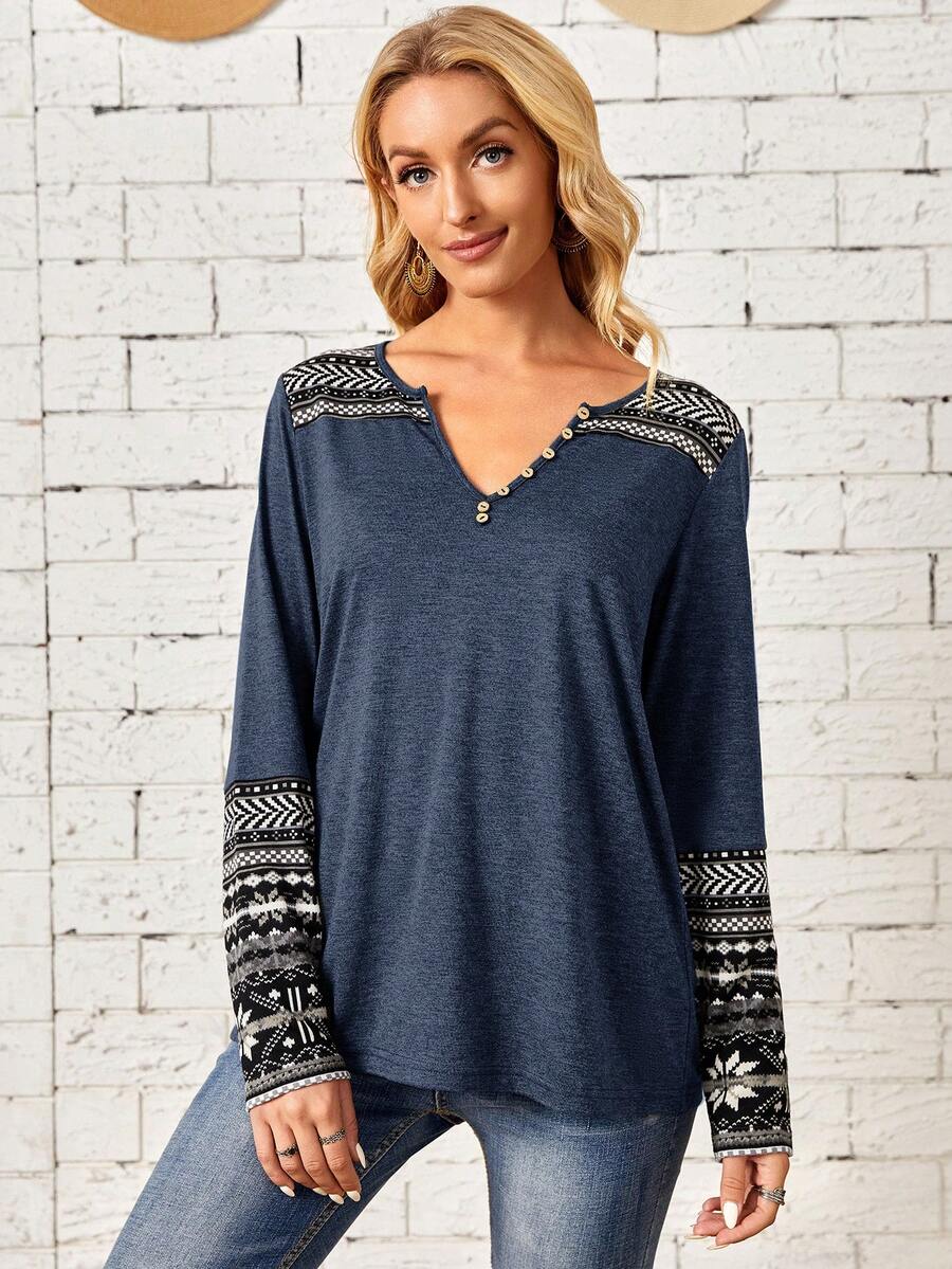 EMERY ROSE 幾何印花缺口領紐扣細節T恤 - 藍色 - 查看 1