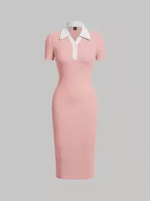 SHEIN MOD 拼接領前紐扣緊身連衣裙 - 淺粉色 - 查看 1