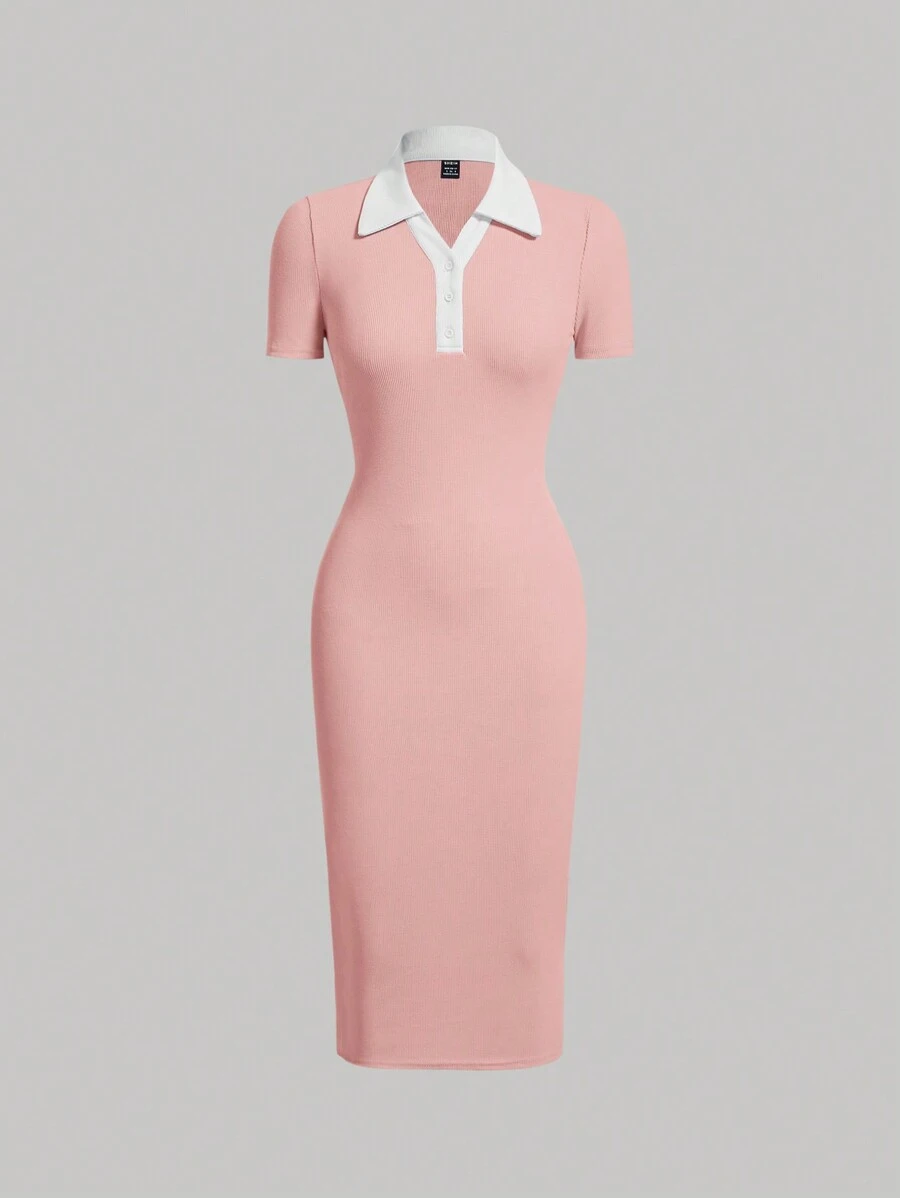 SHEIN MOD 拼接領前紐扣緊身連衣裙 - 淺粉色 - 查看 1