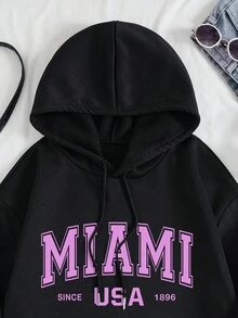 SHEIN EZwear 加大码字母图案袋鼠口袋抽绳保暖卫衣 - 黑色 - 查看 4