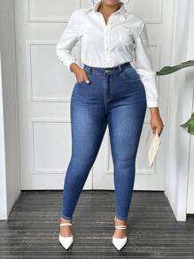 SHEIN Privé Plus Zipper Fly Skinny Jeans - Blue - View 3