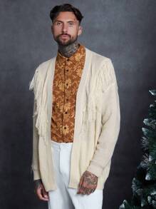 Manfinity VCAY Men Fringe Trim Drop Shoulder Cardigan - Apricot - View 1