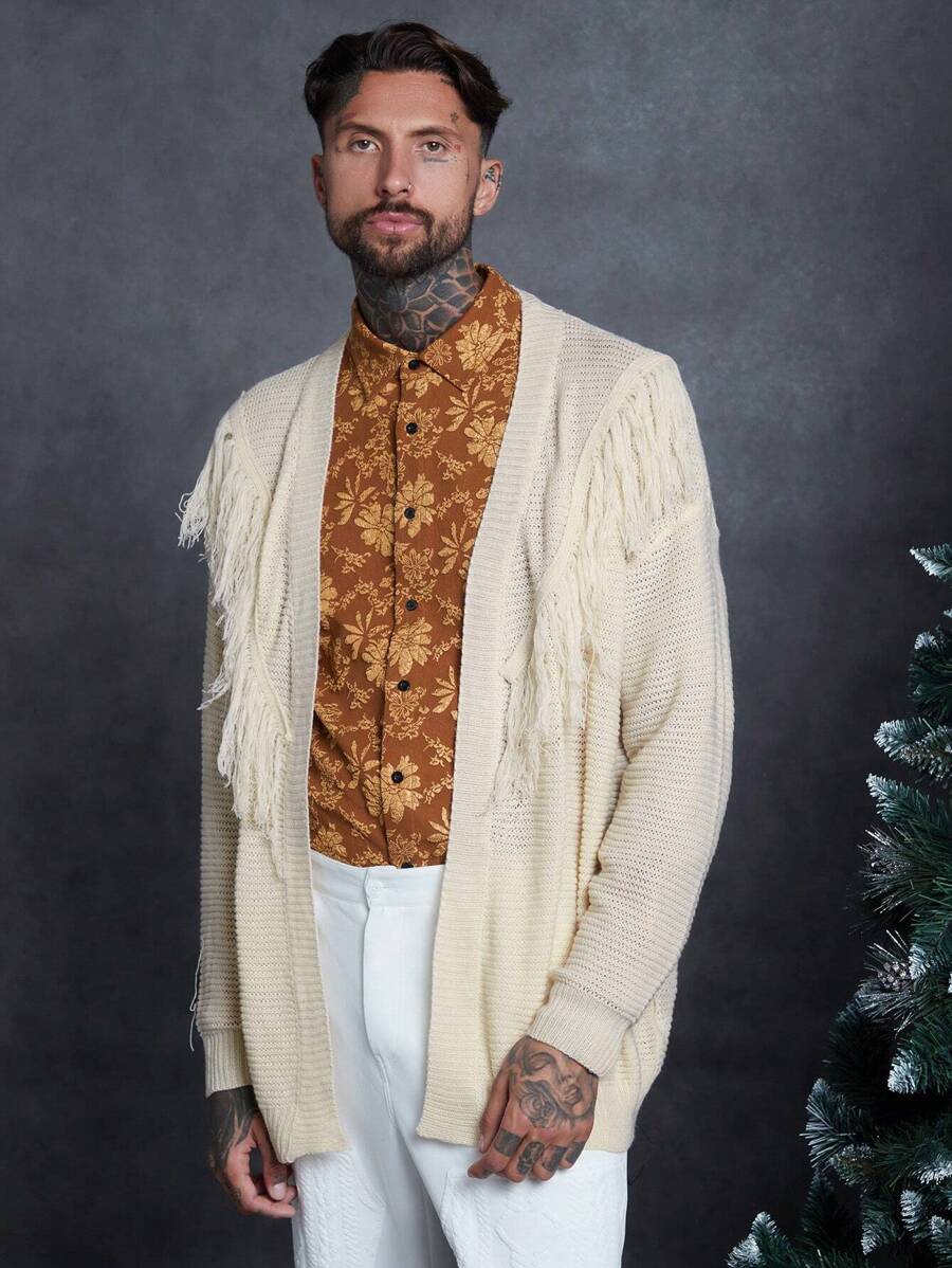 Manfinity VCAY Men Fringe Trim Drop Shoulder Cardigan - Apricot - View 1