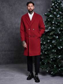 Manfinity VCAY 宽松男式双排扣长袖大衣 - 酒紅色 - 查看 6