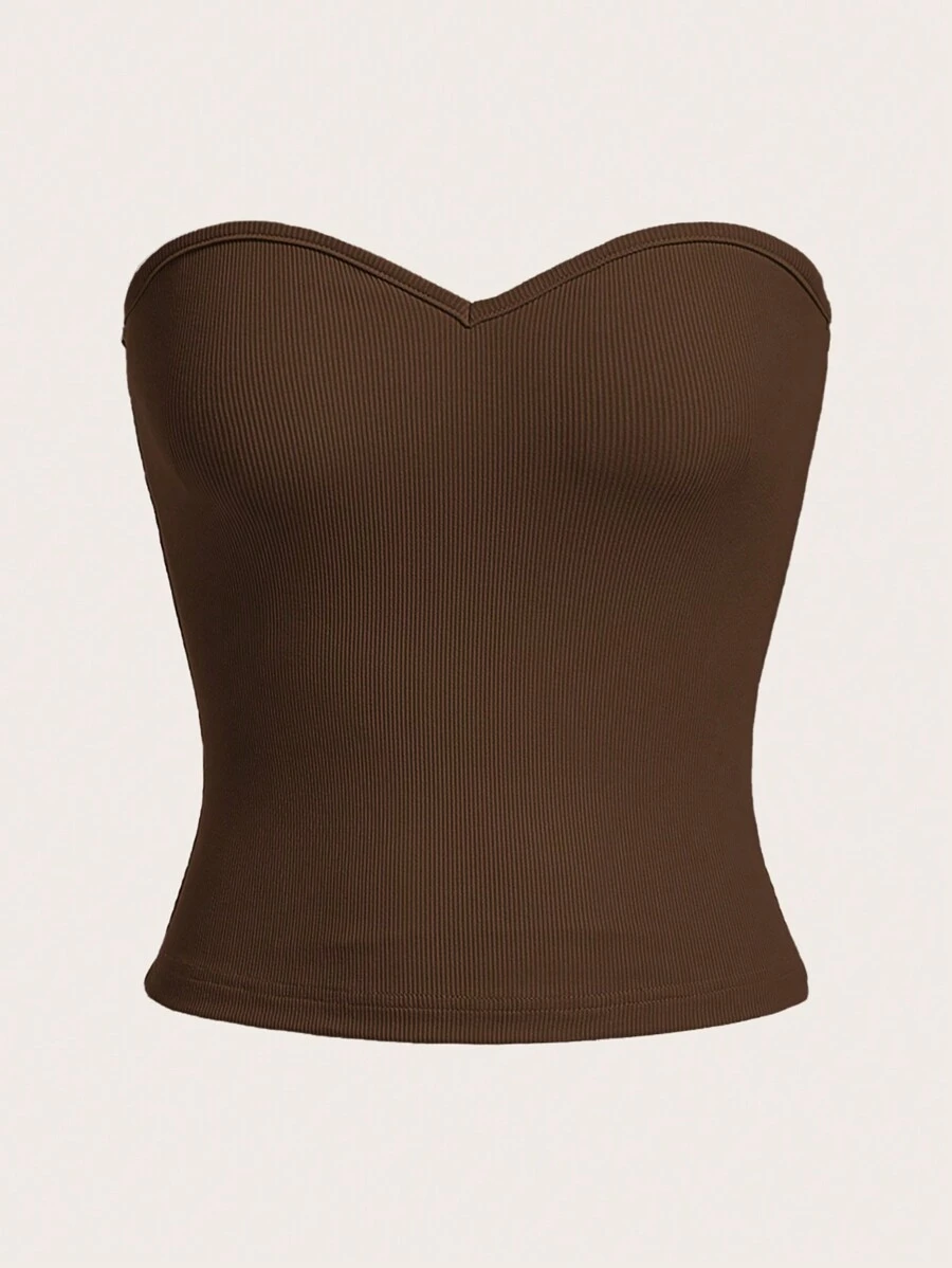 SHEIN BASICS 纯色抹胸 - 咖啡棕 - 查看 1