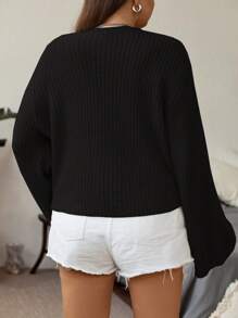 Flirla Plus Ribbed Knit Drop Shoulder Sweater, For Winter Knit Pullover Fall Sweater - Black - View 2