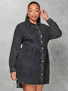 SHEIN BAE 大碼口袋貼布毛邊前紐扣牛仔洋裝 - 深灰色 - 查看 3