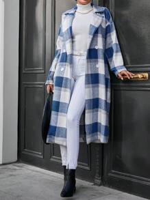 SHEIN Cottnline Buffalo Plaid Double Breasted Overcoat - Blue - View 1