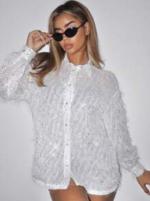 SHEIN ICON Thả vai Nút phía trước Kim sa Áo sơ mi - trắng - Xem 5