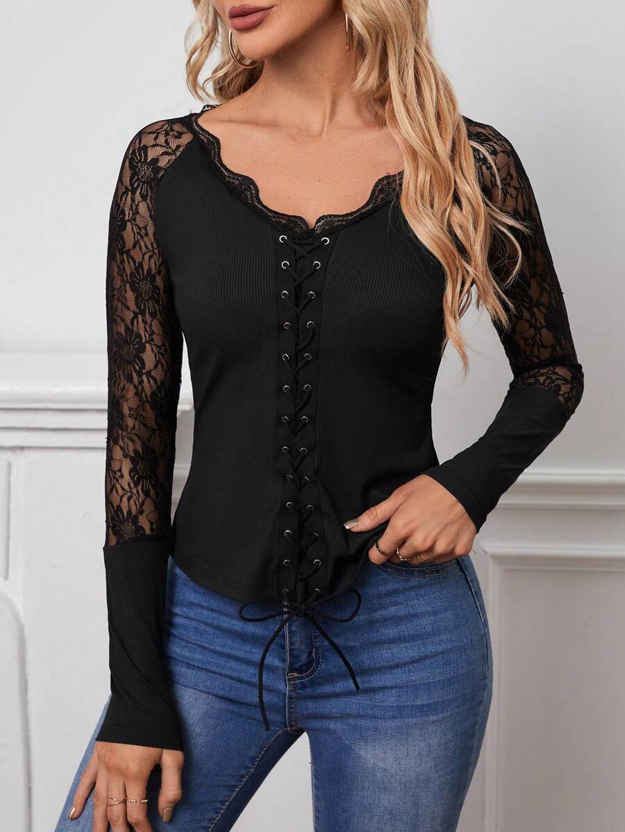 SHEIN Unity 蕾絲拼接前繫帶蕾絲袖上衣 - 黑色 - 查看 1