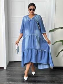 SHEIN SXY 大碼毛邊多層荷葉邊娃娃牛仔洋裝 - 中等水洗藍 - 查看 3